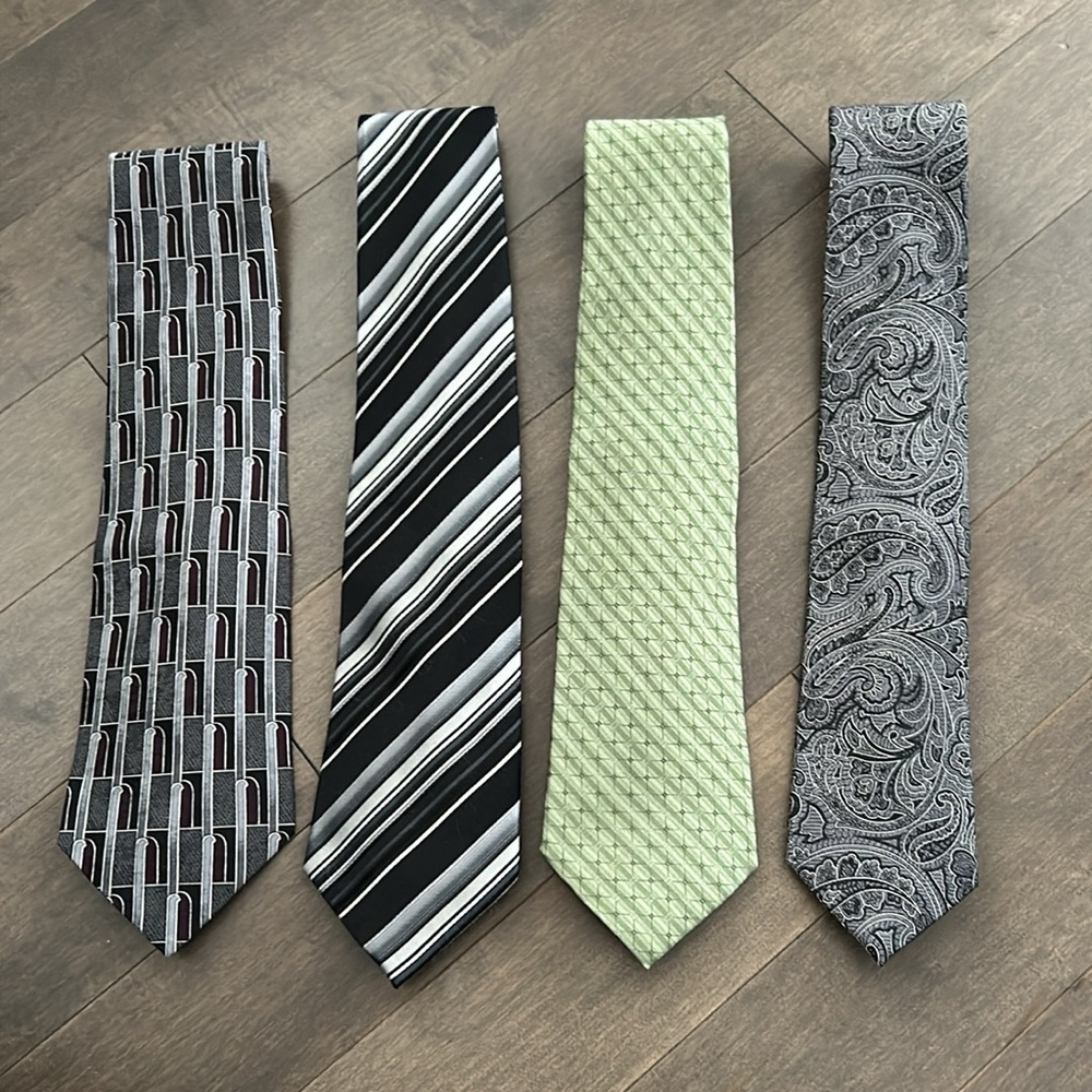 Men’s Silk Neck Tie Bundle, Black Silver Green Burgundy Pattern, Moore’s Vintage